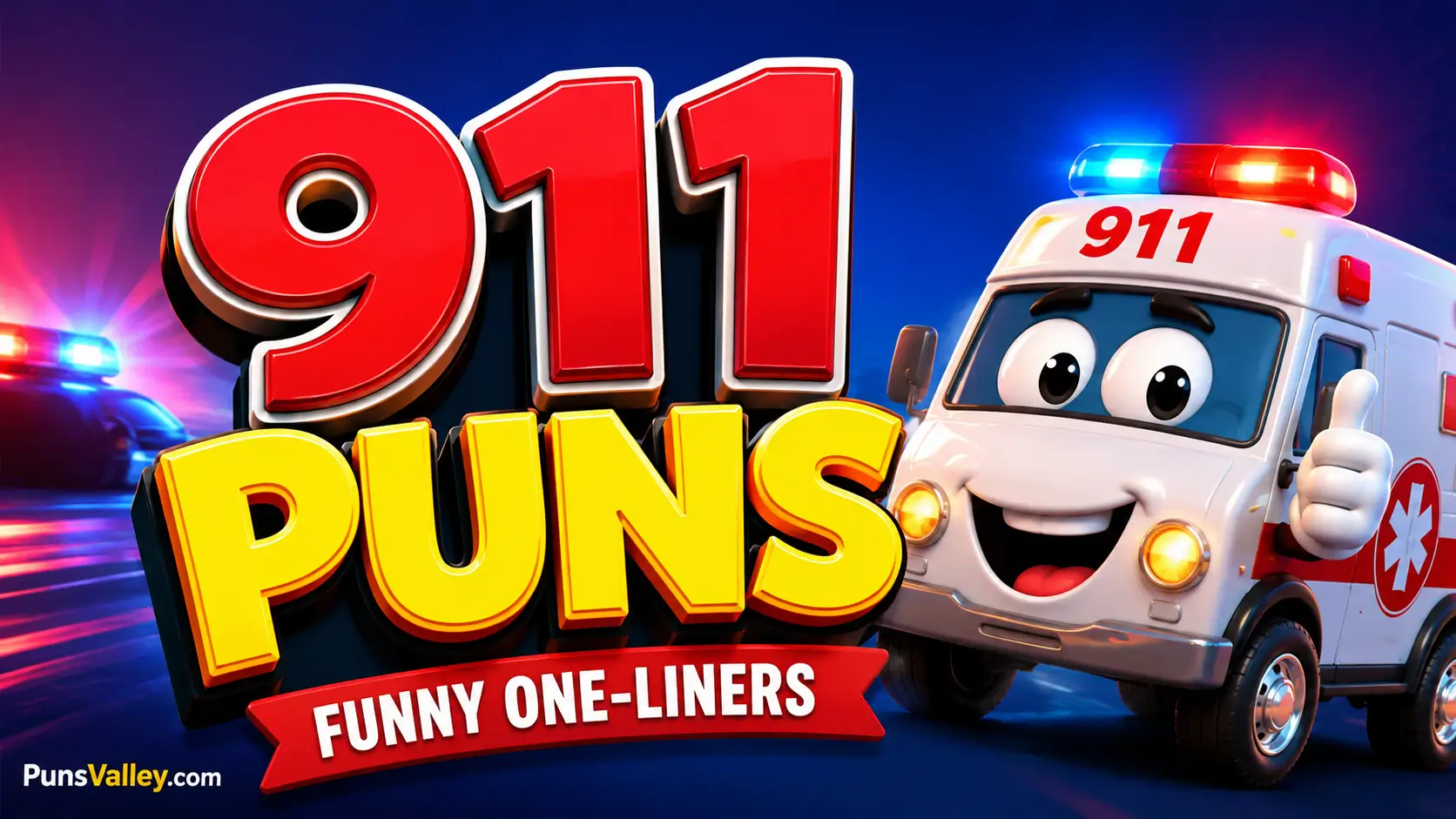 A bright thumbnail for 911 puns featuring bold 3D text and a cheerful cartoon rescue worker next to a funny ambulance.
