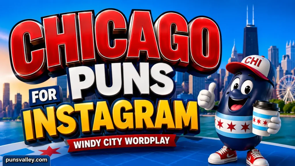 A 3D thumbnail featuring Chicago puns for Instagram with a cartoon hot dog mascot and the skyline.