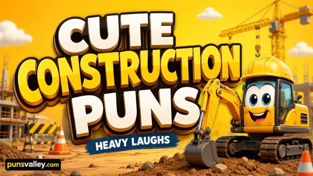 Cute construction puns featured image with a smiling yellow excavator, construction site, and bold “Cute Construction Puns” text.