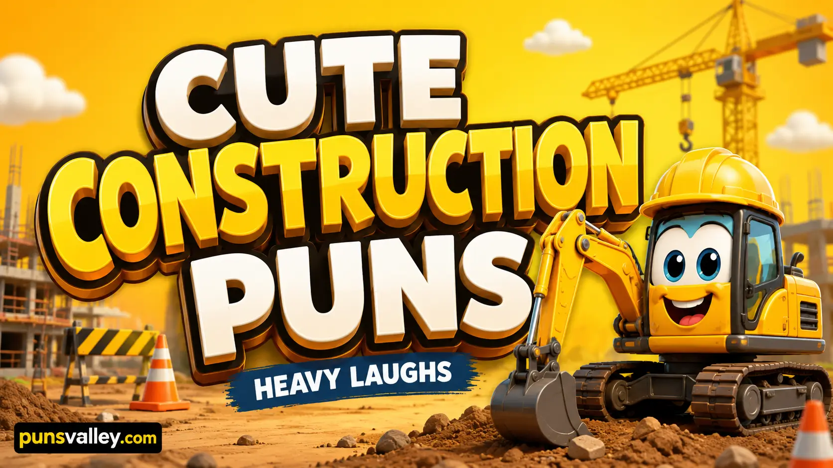 Cute construction puns featured image with a smiling yellow excavator, construction site, and bold “Cute Construction Puns” text.