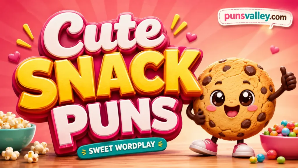 Bright thumbnail for cute snack puns with 3D text 'CUTE SNACK PUNS 275+', a happy cookie, and 'punsvalley.com'.