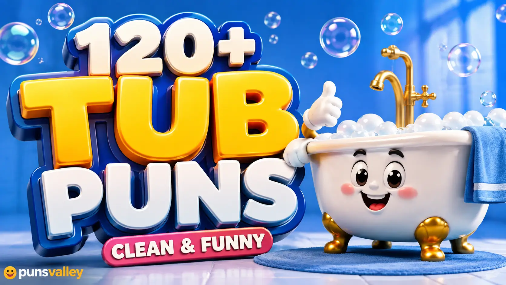Colorful featured image for Tub Puns with large 3D text and a smiling bathtub mascot.