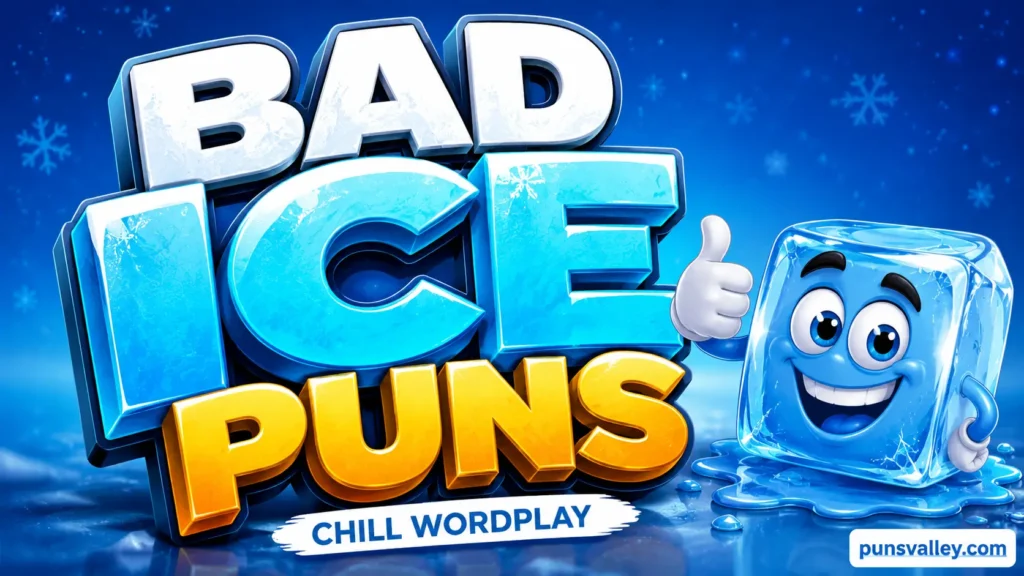 Bad Ice Puns cartoon thumbnail featuring bold 3D “BAD ICE PUNS” text, a smiling cartoon ice cube, snowy blue background, and “Chill Wordplay” tagline.