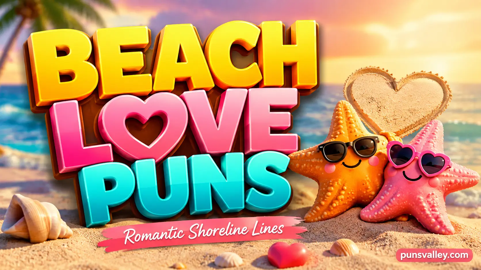 A colorful featured image thumbnail displaying bold 3D typography that reads "BEACH LOVE PUNS".