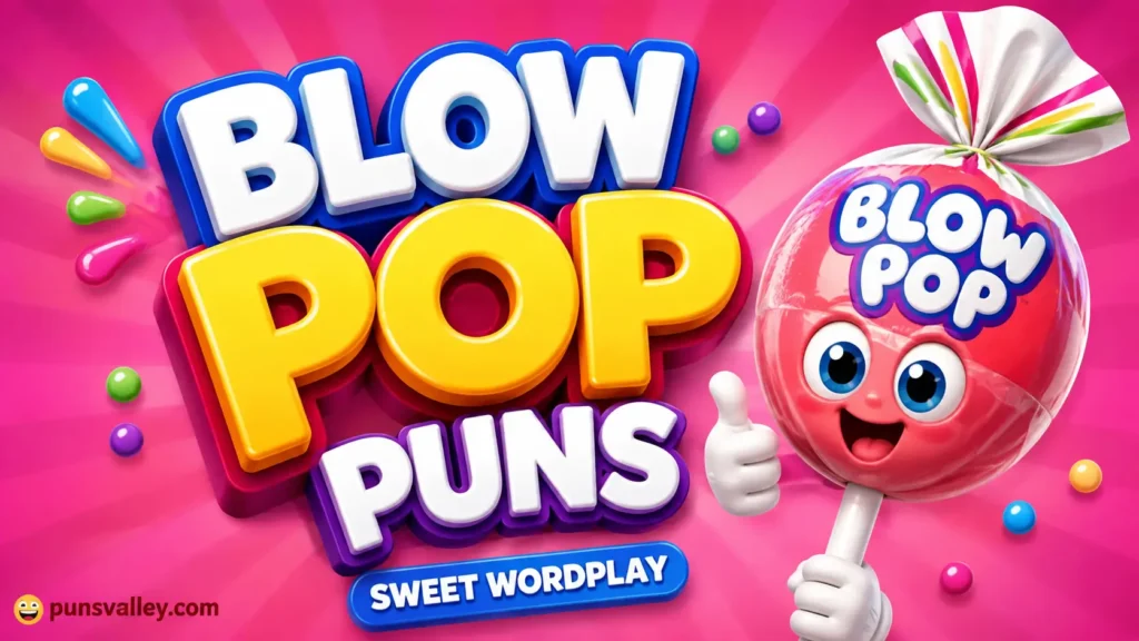 A colorful featured image for a blog post titled "Blow Pop Puns" with a cheerful lollipop character.
