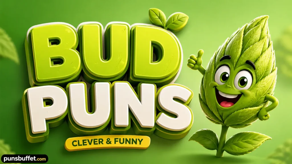 Bud puns featured image with a cheerful leafy bud mascot and bold green 3D typography