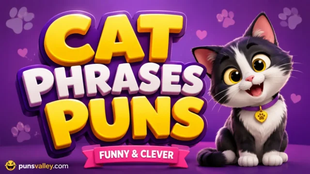 A 3D thumbnail for an article about cat phrases puns, featuring a cute tabby cat mascot holding a notepad.
