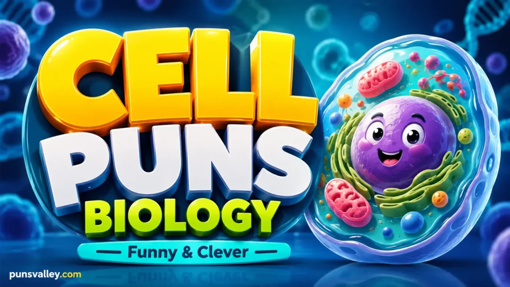 A colorful featured image for biology fans, highlighting cell puns with a smiling mascot and bold 3D text.