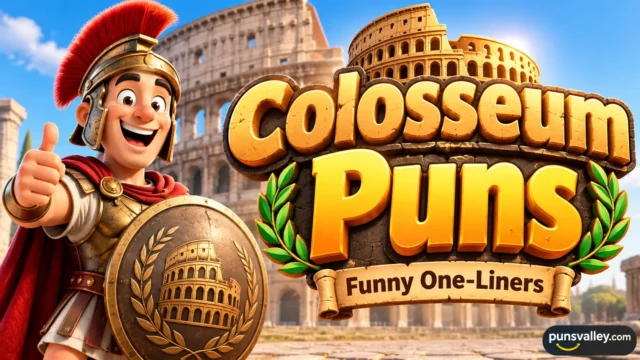 A 3D thumbnail for PunsValley showing a cartoon gladiator next to huge text reading Colosseum Puns Ancient Wordplay.