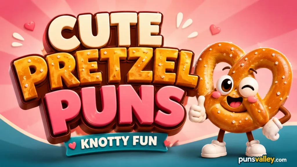 Featured image showing cute pretzel puns text and a friendly cartoon pretzel mascot.