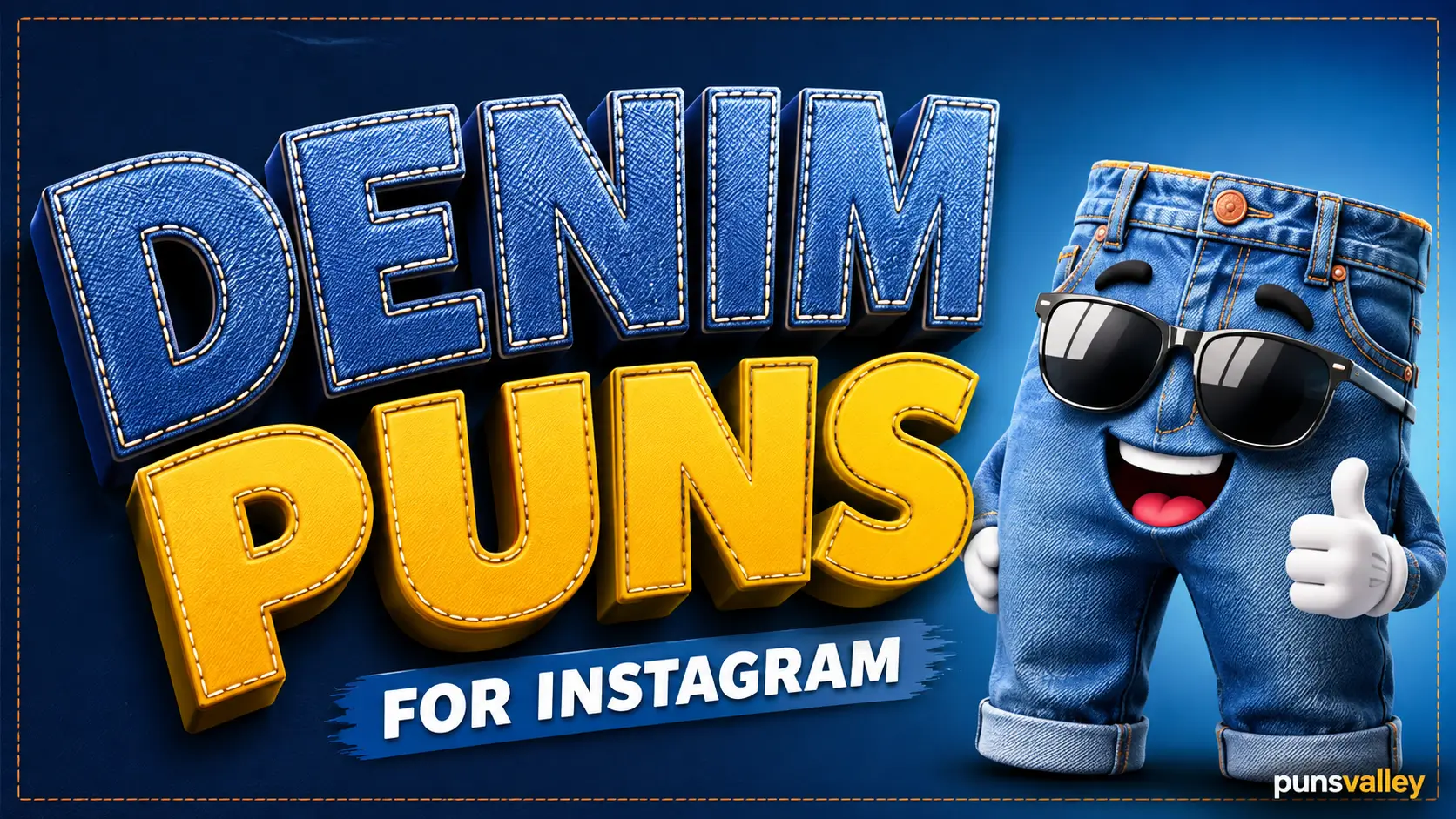 Featured image for denim puns for instagram with bold 3D denim text and a smiling jeans mascot.