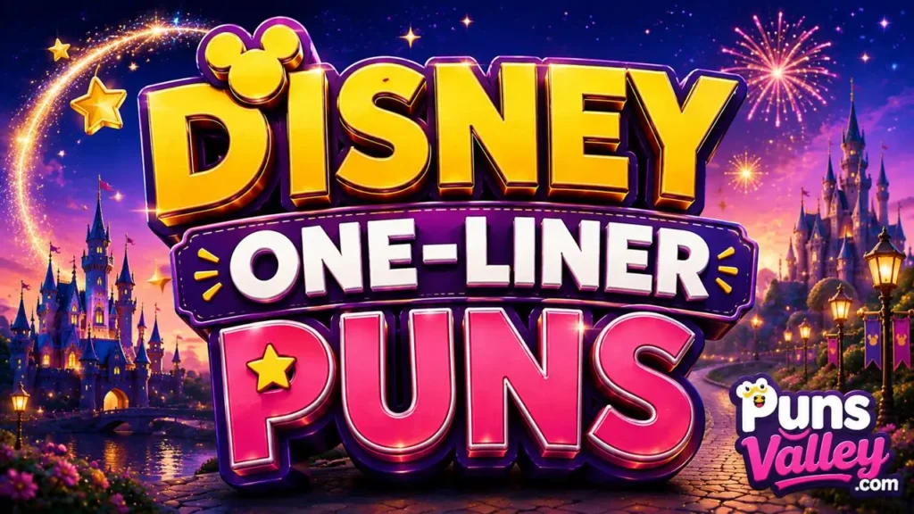 A graphic featuring 3D text that reads "Disney One-Liner Puns" against a starry night sky with fireworks and an illuminated fairy-tale castle.