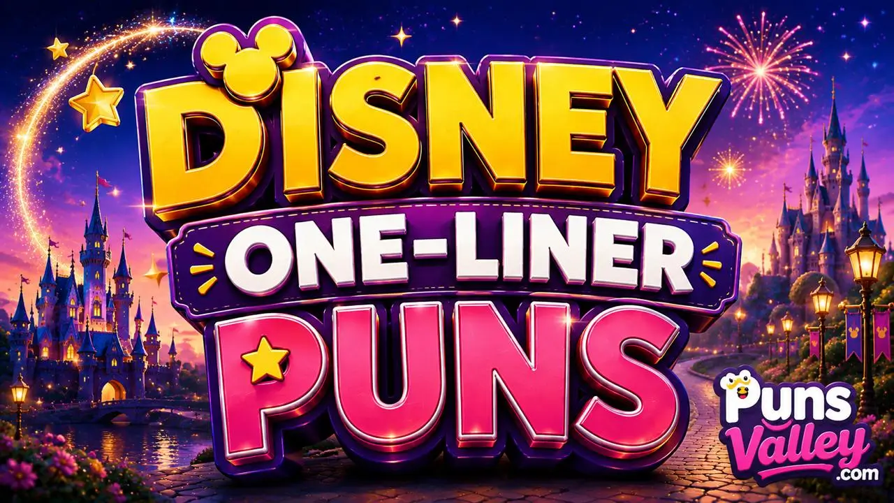 A graphic featuring 3D text that reads "Disney One-Liner Puns" against a starry night sky with fireworks and an illuminated fairy-tale castle.