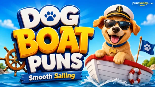Featured image for dog boat puns featuring a happy cartoon dog steering a boat on blue water.