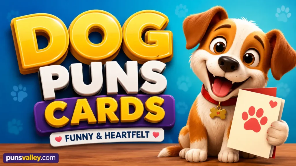 Featured image featuring 3D text reading dog puns cards alongside a cute golden retriever mascot.