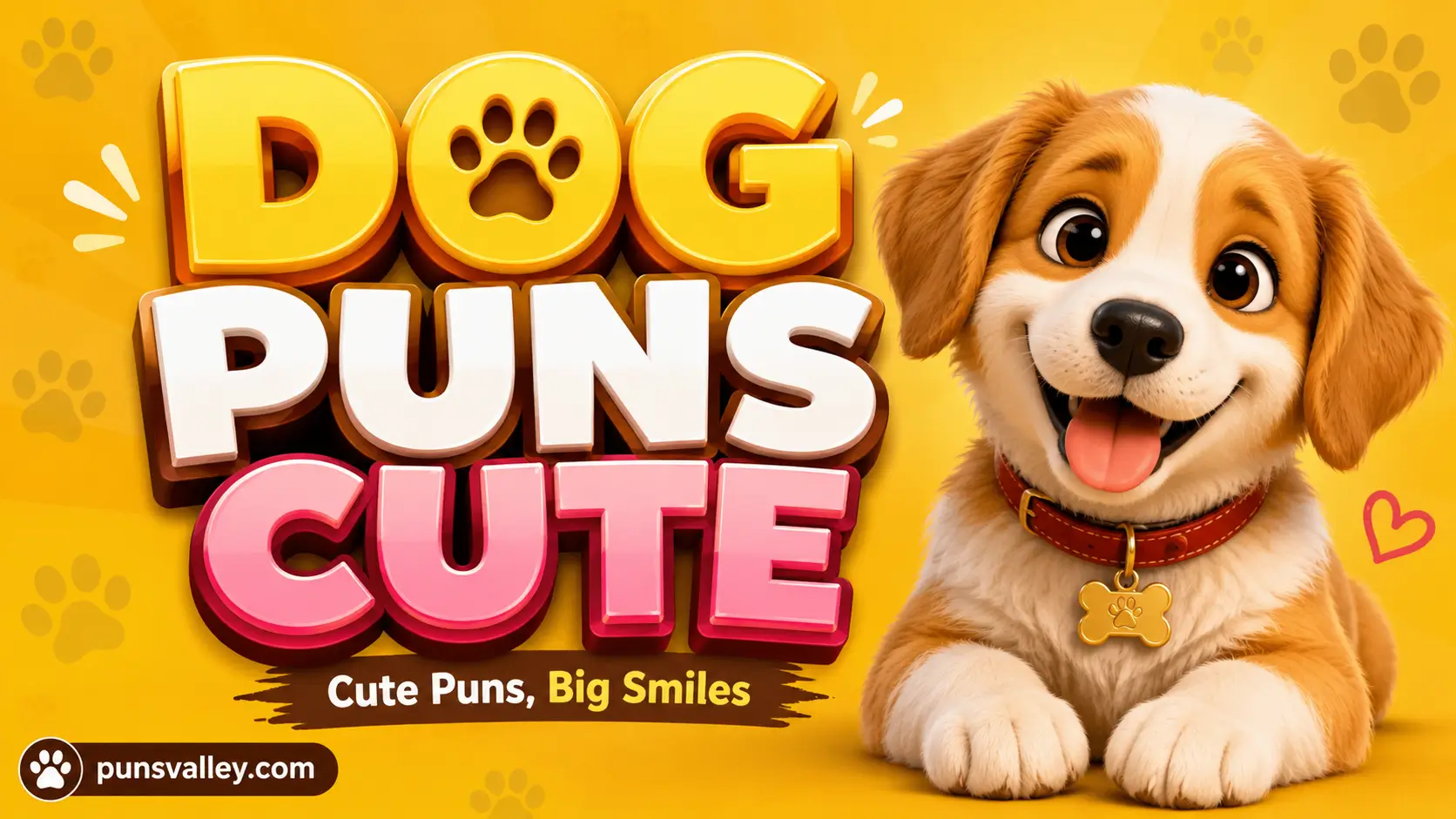 A cute smiling golden retriever puppy with a bowtie stands next to 250+ DOG PUNS CUTE in 3D blue and yellow text.