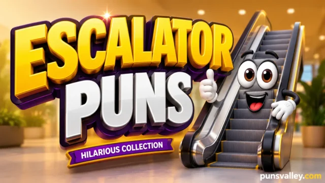 A bright thumbnail featuring 3D text reading Escalator Puns alongside a happy cartoon escalator mascot.