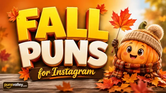 A colorful featured image titled FALL PUNS FOR INSTAGRAM featuring a cute squirrel mascot in a beanie holding an acorn.