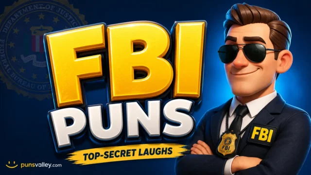 A featured image thumbnail for an article on FBI puns, featuring a cartoon eagle mascot in an undercover trench coat.