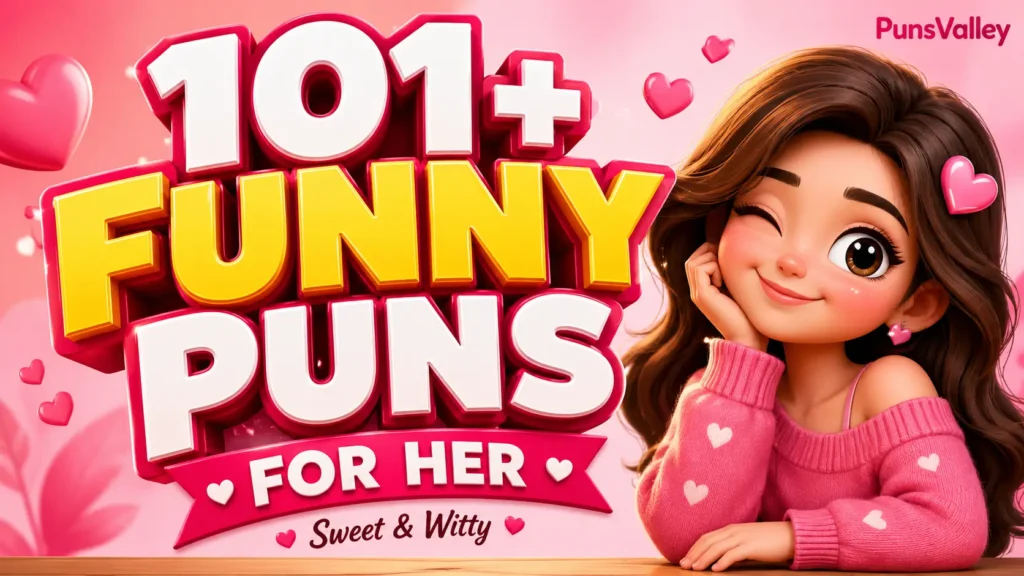 Large pink 3D text for Funny Puns for Her next to a smiling cartoon woman holding a love letter.