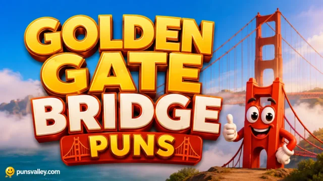 A 3D thumbnail featuring 'GOLDEN GATE BRIDGE PUNS' text, a cable car mascot, and a sunset bridge background.