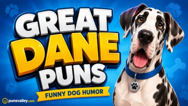 A friendly illustrated dog mascot stands beside bold 3D text displaying great dane puns for dog lovers.