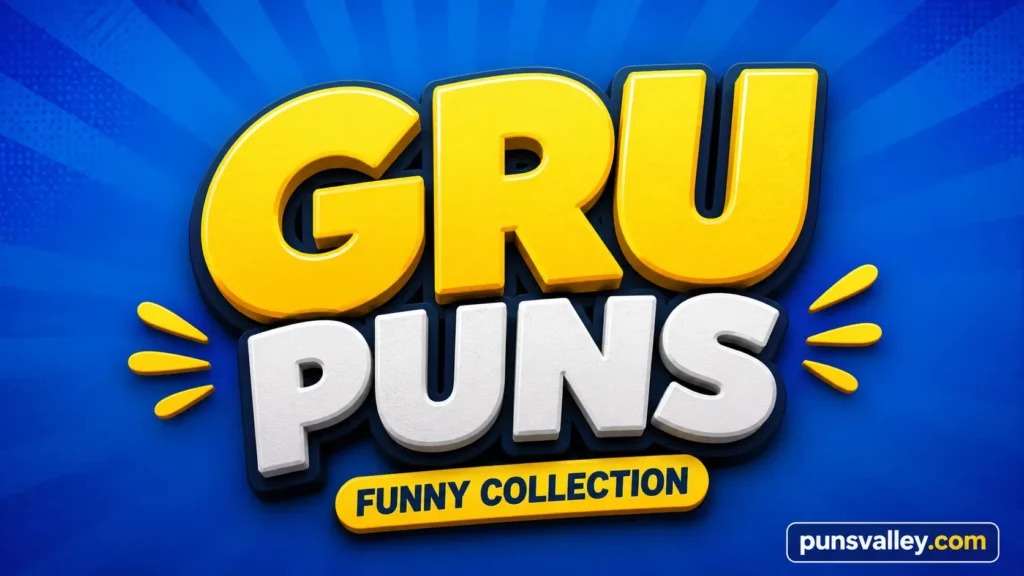 Bold 3D gru puns title on a bright blue graphic background