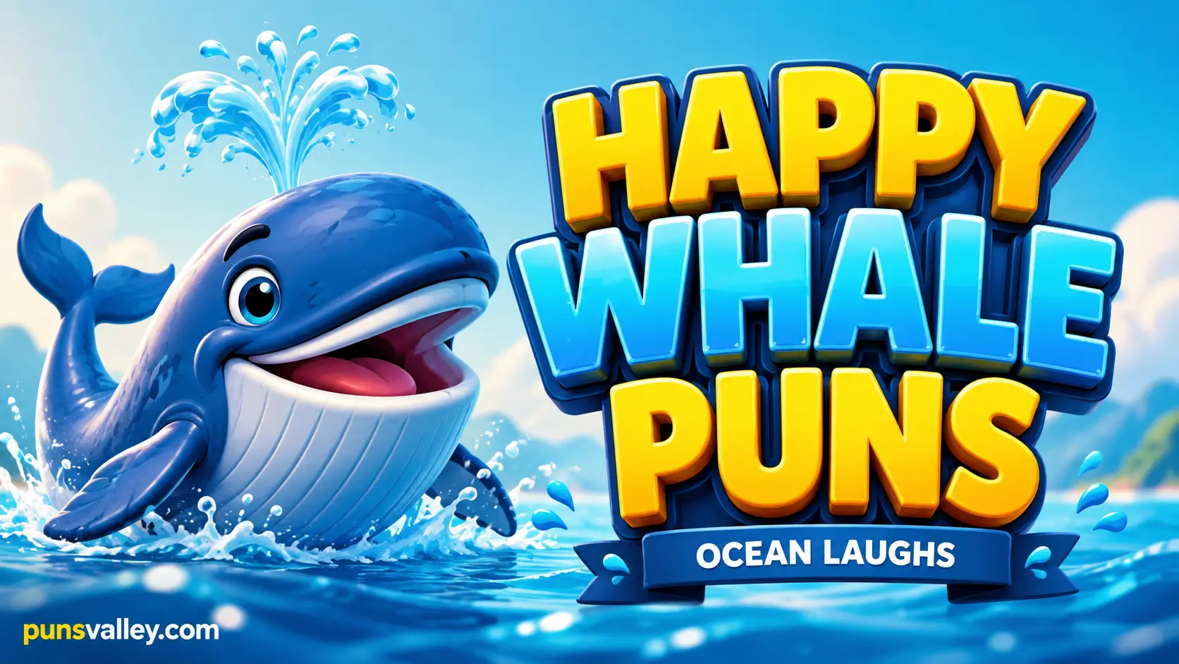 180+ Happy Whale Puns: Massive Ocean Humor. A vibrant graphic with a cartoon whale and 3D text on a blue background.