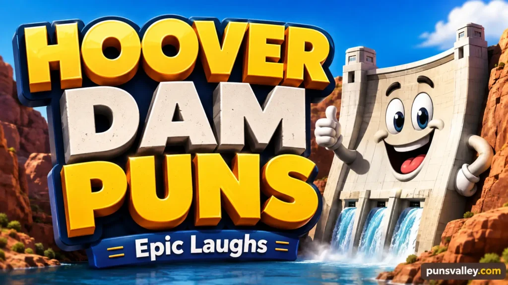 Colorful featured image for Hoover Dam puns with bold 3D title, cartoon Hoover Dam mascot, and Epic Laughs tagline.