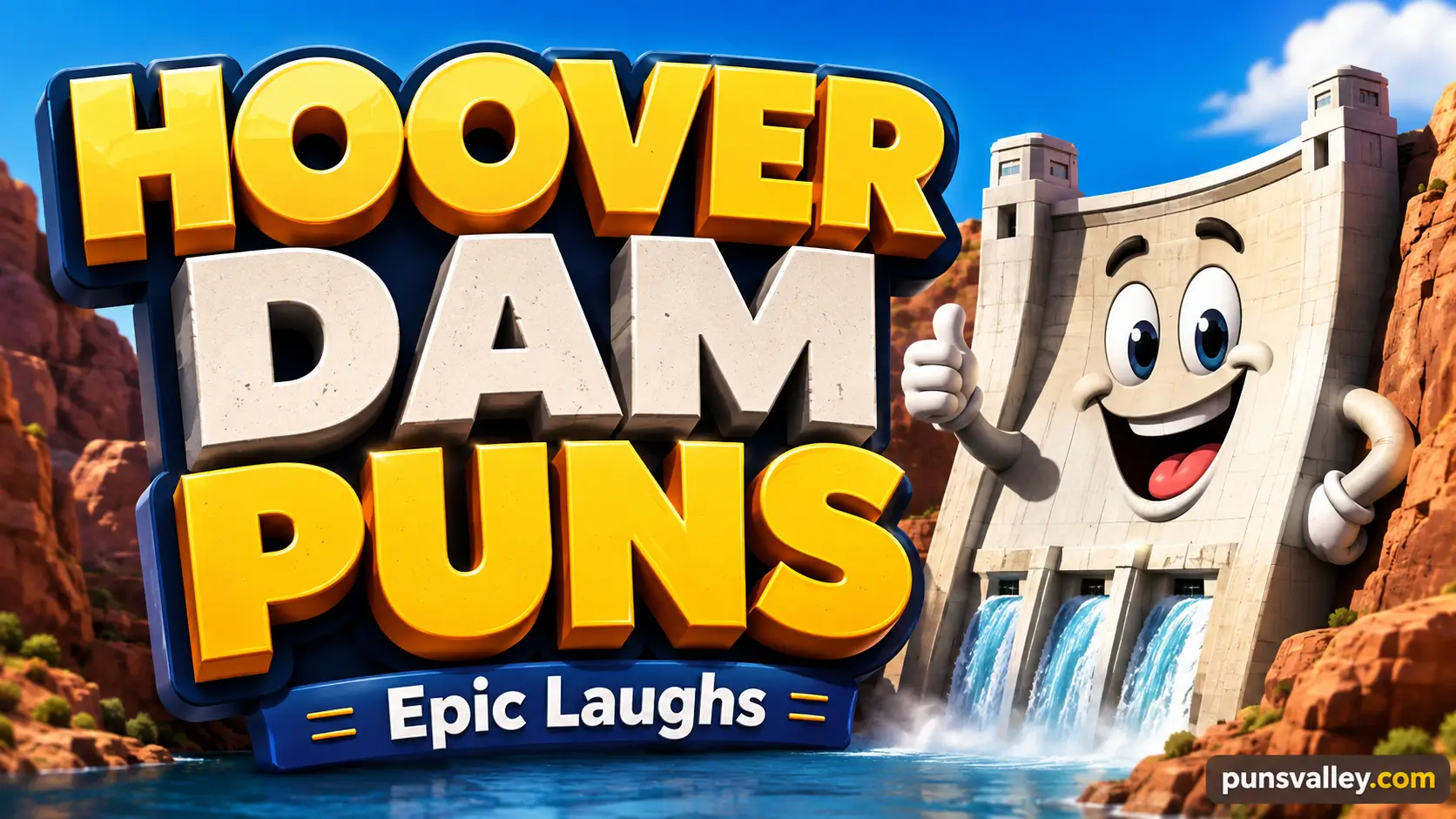 Colorful featured image for Hoover Dam puns with bold 3D title, cartoon Hoover Dam mascot, and Epic Laughs tagline.