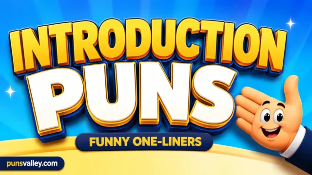 A friendly cartoon owl waves next to large 3D orange and yellow text reading "INTRODUCTION PUNS", with "FUNNY ICEBREAKERS" below it.