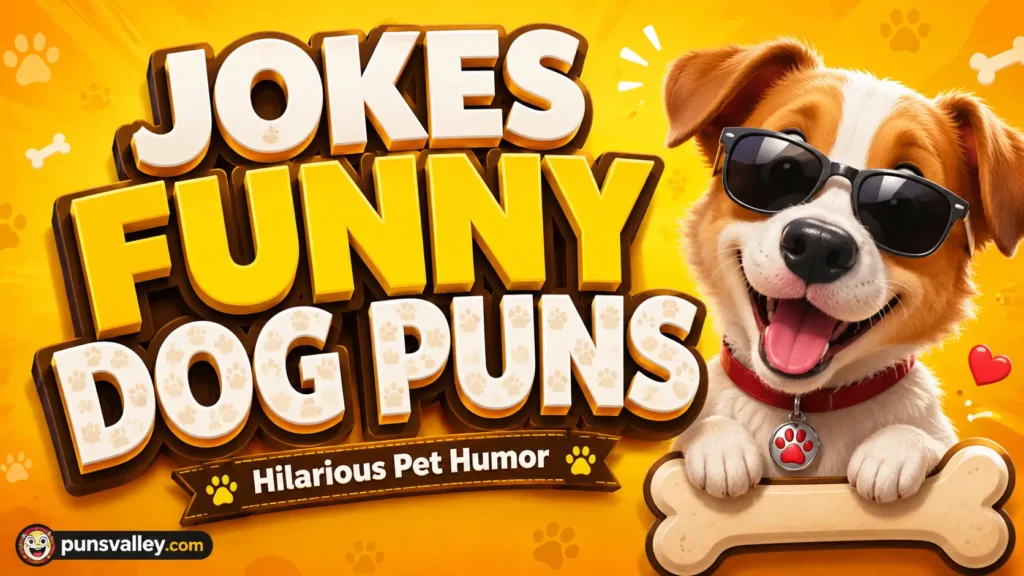 A cheerful Golden Retriever illustration next to large 3D typography for jokes funny dog puns on a blue background.