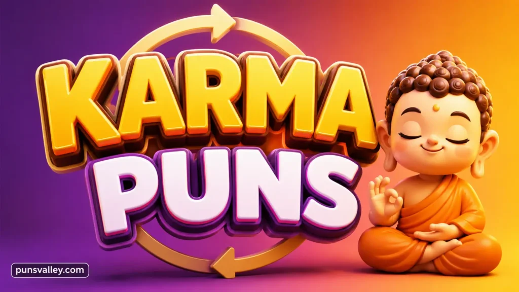 Featured cover image displaying bold 3D karma puns text alongside a cute meditating lotus flower mascot.