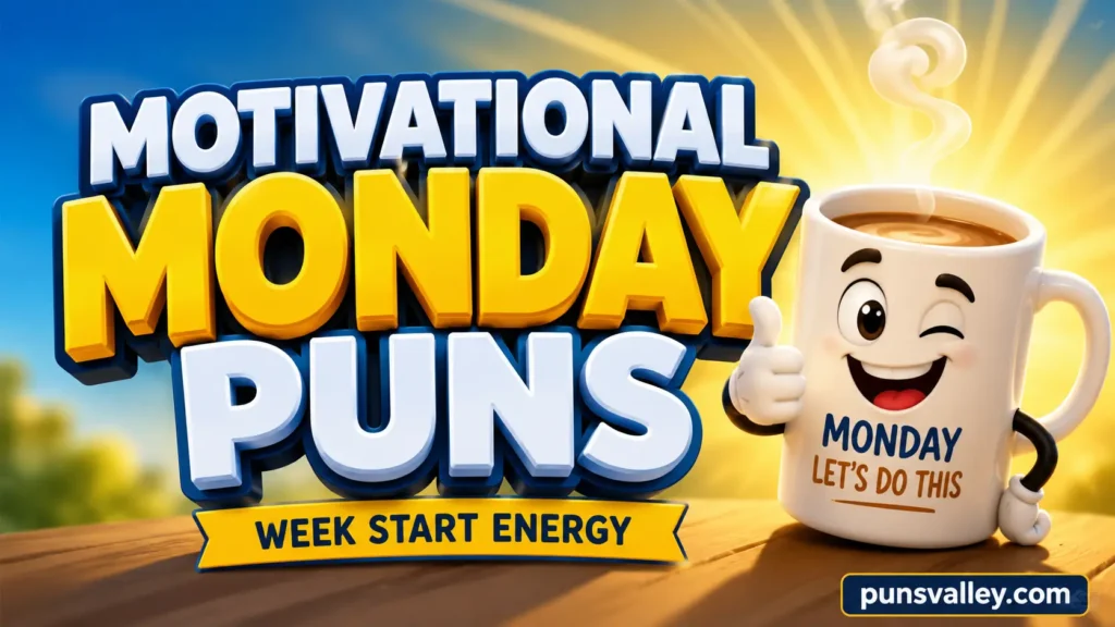 A cheerful featured image for motivational Monday puns featuring a flexing alarm clock mascot.