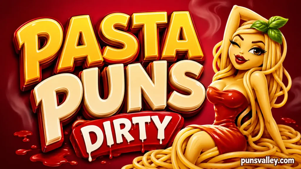 Featured thumbnail image for pasta puns dirty featuring bold 3D text and a cute ravioli character.