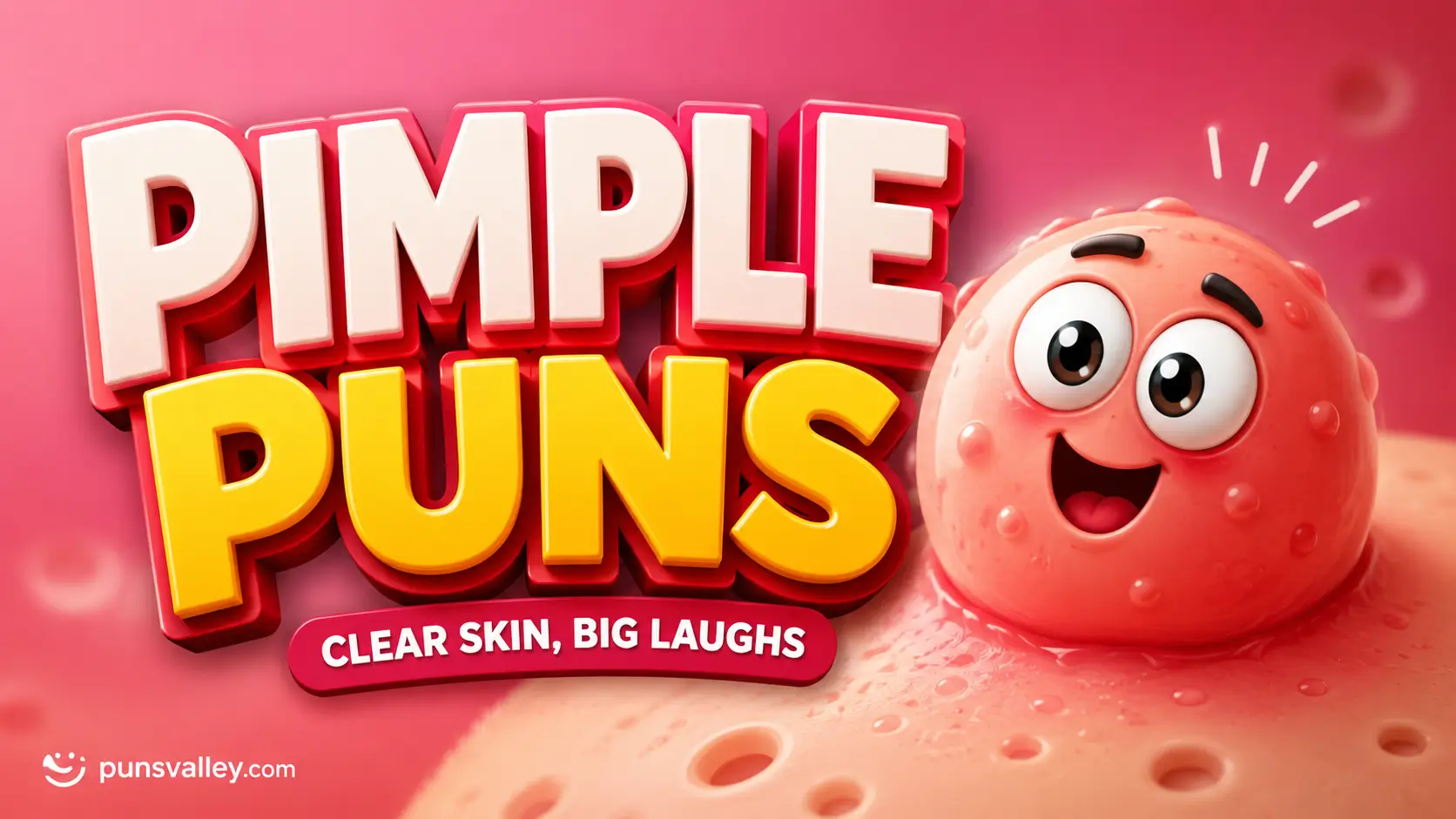 A fun 3D image for a post about pimple puns, featuring a winking cartoon blemish character and skincare products.