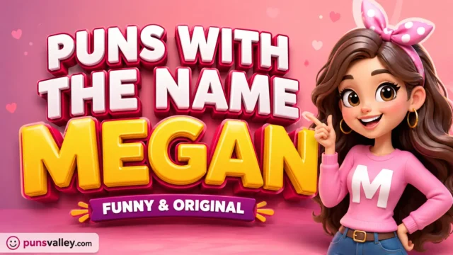 Featured cover image showcasing puns with the name megan in 3D typography with a friendly cartoon character.