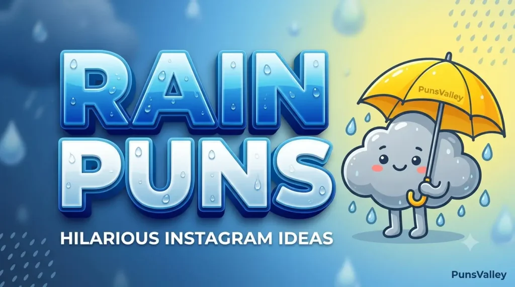 Featured image for rain puns captions featuring massive 3D text and a cute illustrated raincloud mascot with a yellow umbrella.