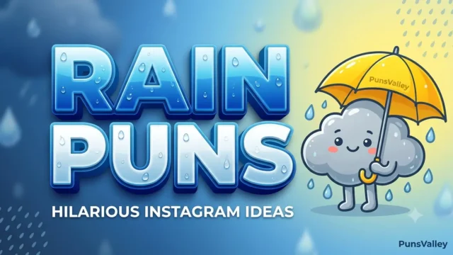 Featured image for rain puns captions featuring massive 3D text and a cute illustrated raincloud mascot with a yellow umbrella.