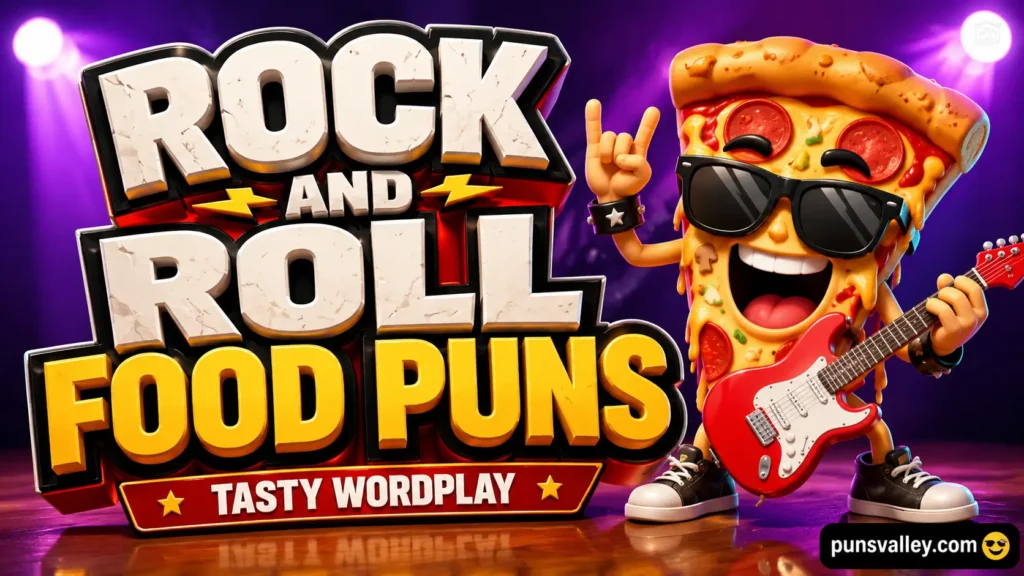 Featured cover image showcasing rock and roll food puns with a guitar-playing sandwich mascot.