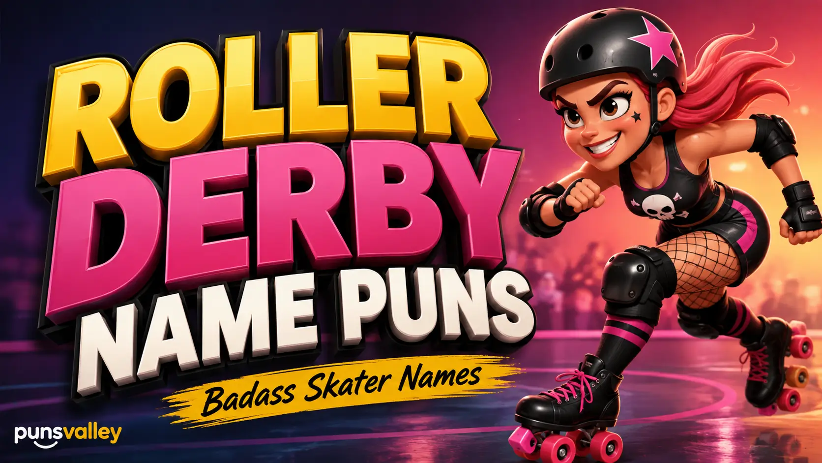 Featured image for Roller Derby Name Puns with bold 3D lettering and a cartoon roller derby skater.