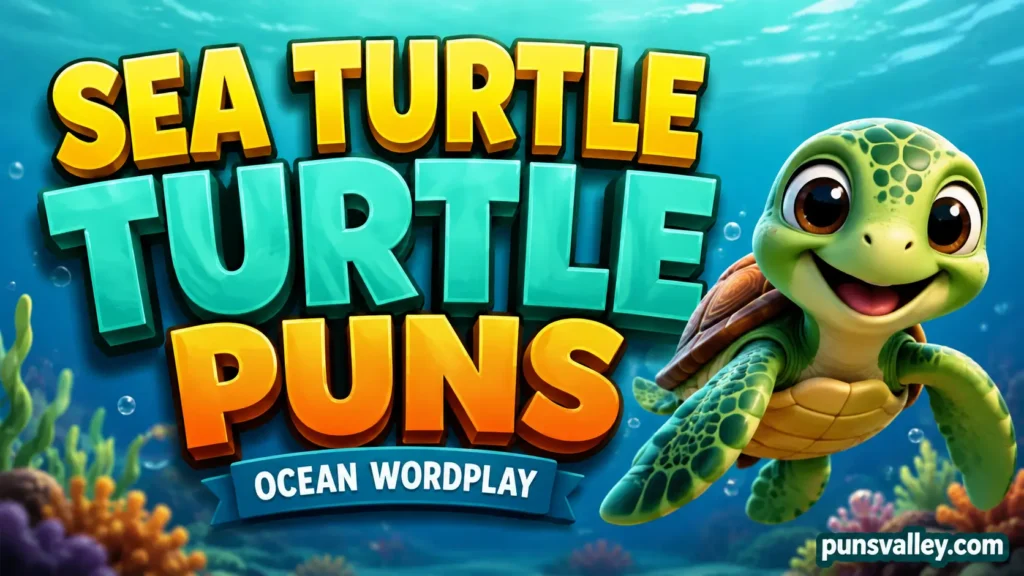 A 3D thumbnail for an article featuring 130 sea turtle turtle puns, a mascot turtle, and an underwater scene.
