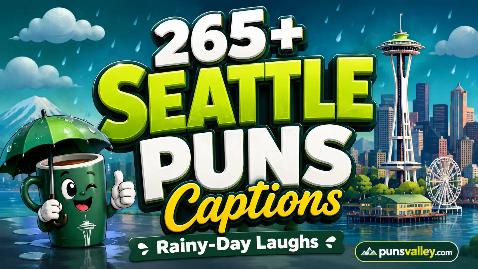 Bold 3D text reading Seattle Puns with an illustrated cartoon killer whale for Seattle puns captions post.