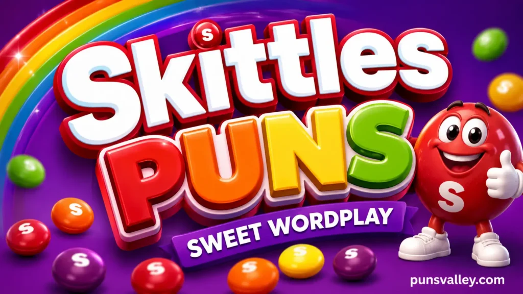 A bright featured image for a collection of skittles puns skittles candy sayings with a cartoon mascot.