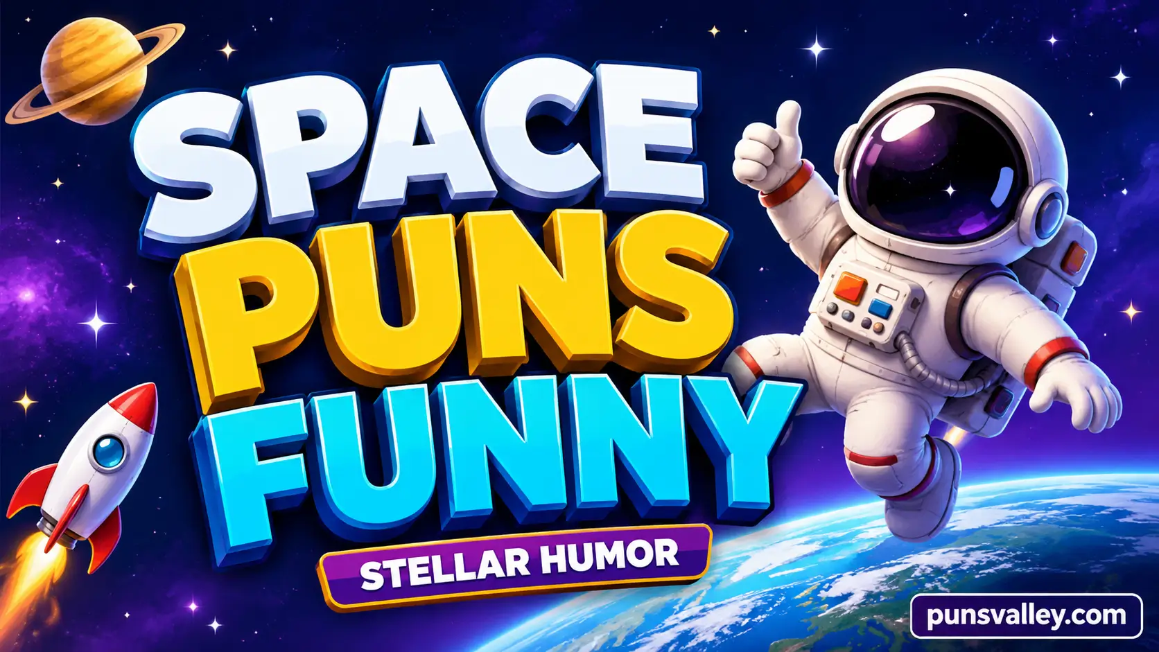 Space puns funny featured image with bold 3D text, astronaut, rocket, planets, and cosmic background