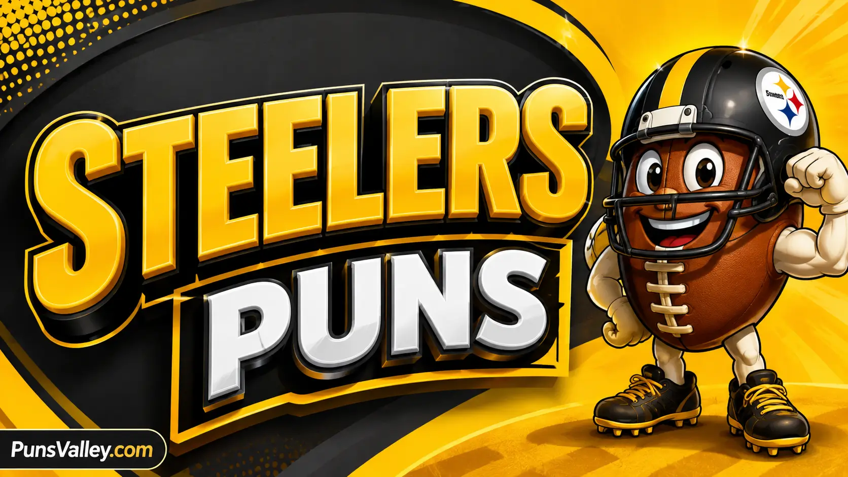 A featured image displaying bold steelers puns 3D title text and a cute football player mascot running with a ball.