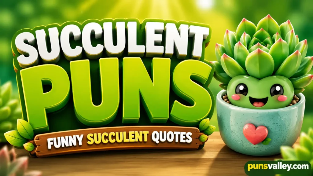 A colorful featured image with 3D text and a cute plant mascot for succulent puns funny succulent quotes.