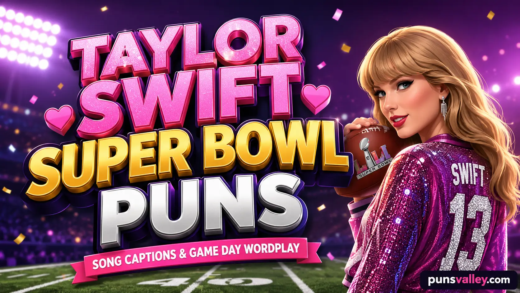 Taylor Swift Super Bowl puns featured image with bold 3D typography and football-themed design