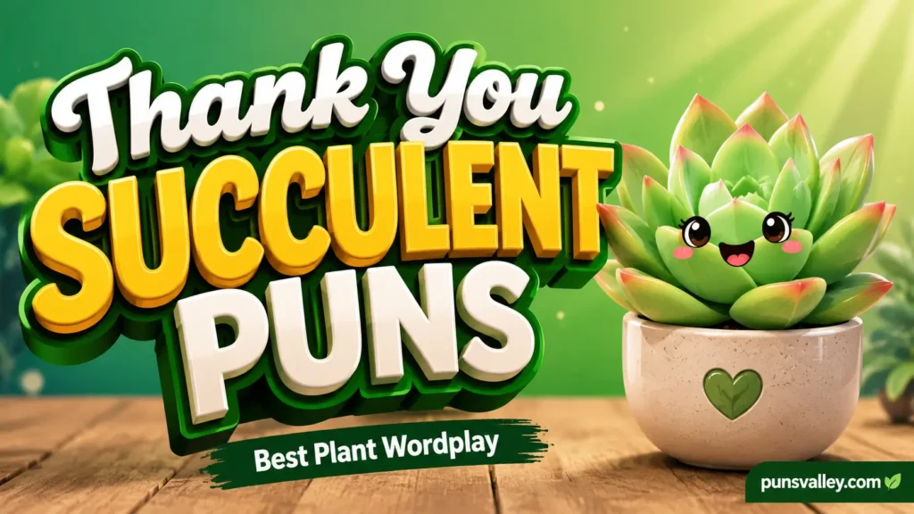 A colorful featured image displaying 3D text reading thank you succulent puns with a cute potted plant mascot.