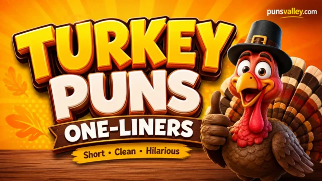 Bold 3D typography reads Turkey Puns One-Liners with a cartoon turkey mascot and autumn leaves on an orange background.